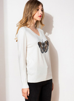 V-neck Pullover Slim Butterfly Embroidered Sweater