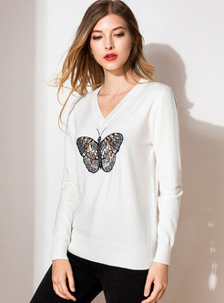 V-neck Pullover Slim Butterfly Embroidered Sweater