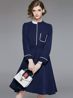 Trendy Contrast-collar Monochrome Skater Dress
