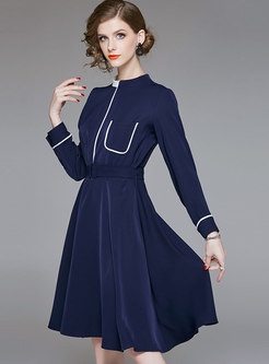 Trendy Contrast-collar Monochrome Skater Dress