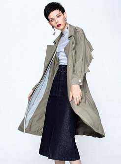 Pure Color Belted Double-breasted Falbala Trench Coat
