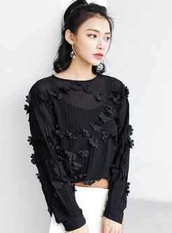 Pure Color Stereoscopic Flower Pleated Chiffon Blouse