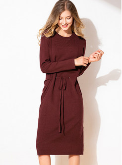 O-neck Pure Color Tie-waist Knitted Dress