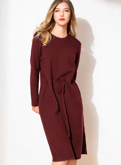 O-neck Pure Color Tie-waist Knitted Dress