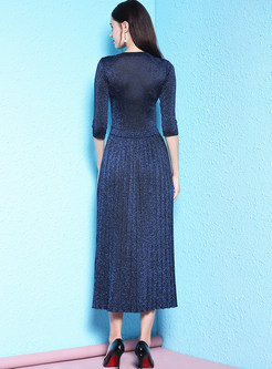 Solid Color Long Sleeve Pleated Slim Knitted Maxi Dress