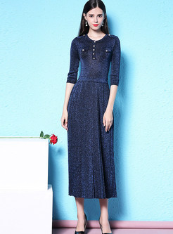 Solid Color Long Sleeve Pleated Slim Knitted Maxi Dress