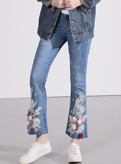Chic Mid Waist Lace Flower Beaded Flare Pants