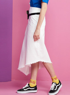 Pure Color High Waist Slit Asymmetric A Line Skirt