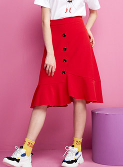 Trendy Red High Waist Single-breasted Slim Skirt