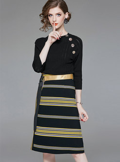 Brief Three Quarters Sleeve Top & Color-block Striped Knitted Midi Skirt