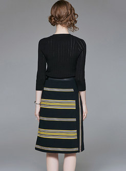 Brief Three Quarters Sleeve Top & Color-block Striped Knitted Midi Skirt