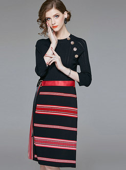 Brief Three Quarters Sleeve T-shirt & Color-block Striped Knitted Midi Skirt