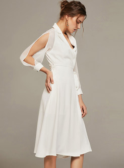White Notched Perspective Hollow Out Tied Dress