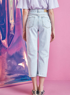 Light Blue Denim Hollow Out Frayed Staight Pants