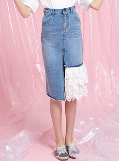 Lace Splicing High Waist Asymmetric Sheath Denim Skirt