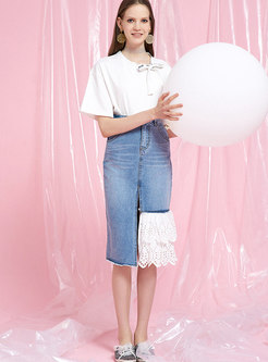Lace Splicing High Waist Asymmetric Sheath Denim Skirt