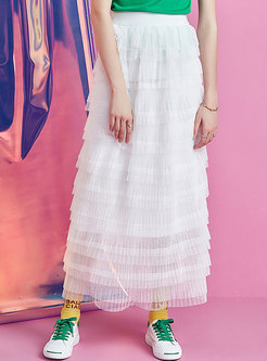 White Lace Elastic Waist Layered Long Skirt