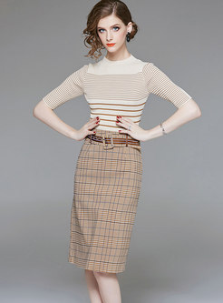 Stylish Apricot Three Quarters Sleeve Sweater & Plaid Sheath Midi Skirt