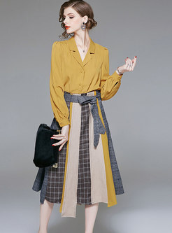 Autumn Yellow Loose Blouse & High Waist Multicolor Big Hem Skirt
