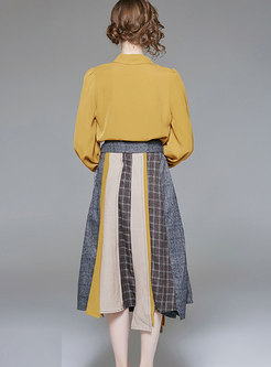 Autumn Yellow Loose Blouse & High Waist Multicolor Big Hem Skirt