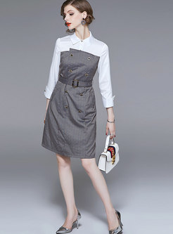 Autumn Grey Turn-down Collar Zip-up A Line Dress With Belt