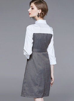 Autumn Grey Turn-down Collar Zip-up A Line Dress With Belt