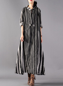 O-neck Cotton And Linen Striped Loose Dress