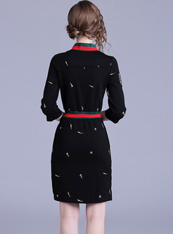 V-neck Three Quarters Sleeve Embroidered Bodycon Dress