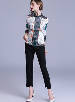Turn Down Collar Single-breasted Print Blouse
