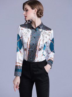 Turn Down Collar Single-breasted Print Blouse