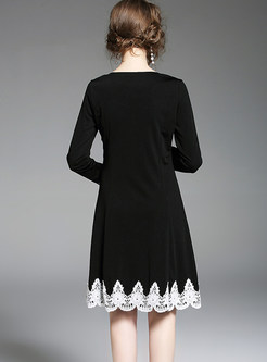 Long Sleeve Waist Splicing Hollow Out Lace Hem Dress