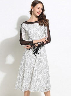 Bowknot Mesh Stitching Lace Long Sleeve Dress