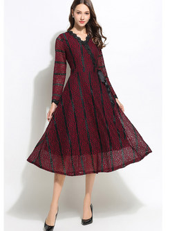 V-neck Long Sleeve Tied Waist Hollow Out Striped Dress