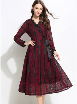 V-neck Long Sleeve Tied Waist Hollow Out Striped Dress
