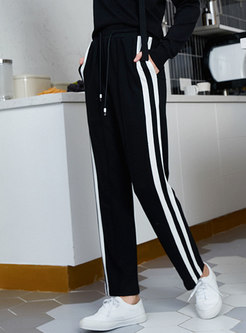 Casual Striped Splicing Elastic Waist Tied Flare Pants 