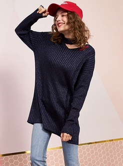 Chic Embroidered High Neck Hollow Out Knitted Sweater