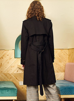 Black Turn Down Collar Double-breasted Belted Trench Coat
