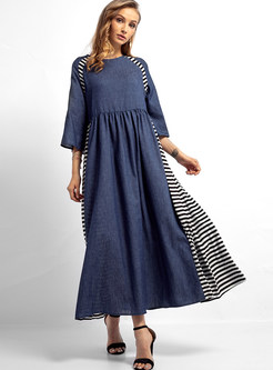 Fashion Denim Stitching Striped Waist Maxi Dress