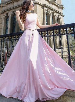 Pink O-neck Sleeveless Slim Maxi Evening Dress
