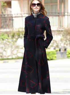Navy Blue Stand Collar Cashmere Long Overcoat