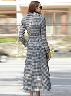 Light Grey Houndstooth Long Wool Peacoat