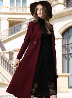 Wine Red Notched Wool Blend Knee-length Peacoat