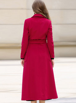 Rose Red Slim Long Overcoat With Pockets