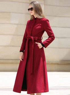 Red Stand Collar Hairy Long Overcoat