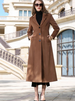 Pure Color Single-breasted Slim Long Peacoat