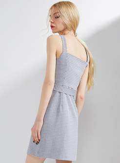 Fashion Square Neck Off Shoulder Grid Sling Dress