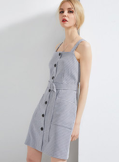 Fashion Square Neck Off Shoulder Grid Sling Dress