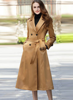 Pure Color Belted Turn Down Collar Slim Trench Coat