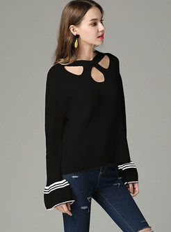 Hollow Out Irregular Neck Flare Sleeve Sweater