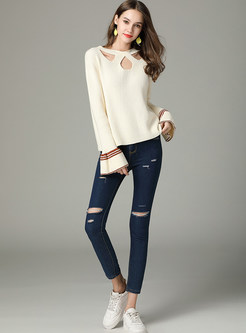Pure Color Flare Long Sleeve Pullover Sweater